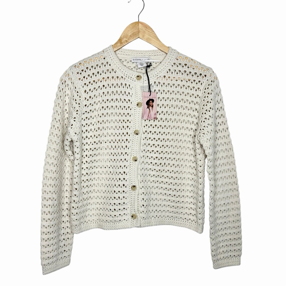 Crochet Cardigan Sweater Cream Womens XS Boho Cottagecore Fisherman Indie Hippie